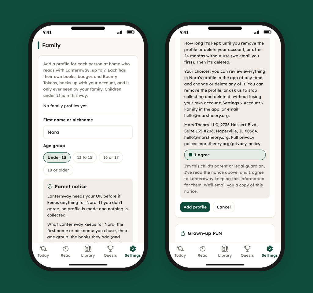 Two Lanternway screens: on the left, a parent adds a child named Nora and picks Under 13; on the right, the end of the parent notice with “I agree” ticked and the Add profile button.