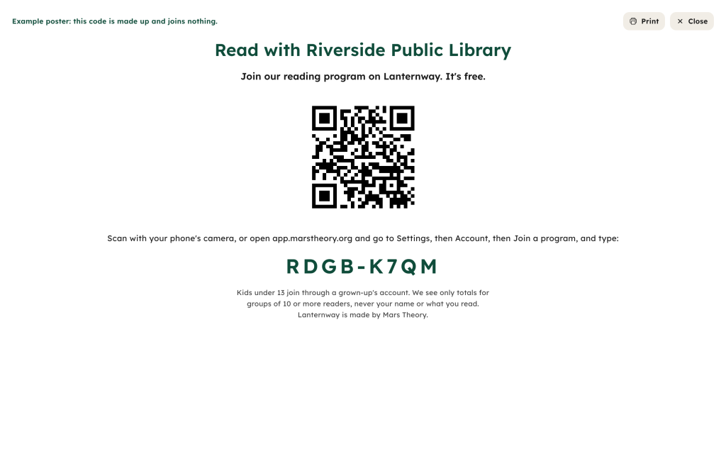 An example Lanternway join poster for a made-up library, with a QR code and join code