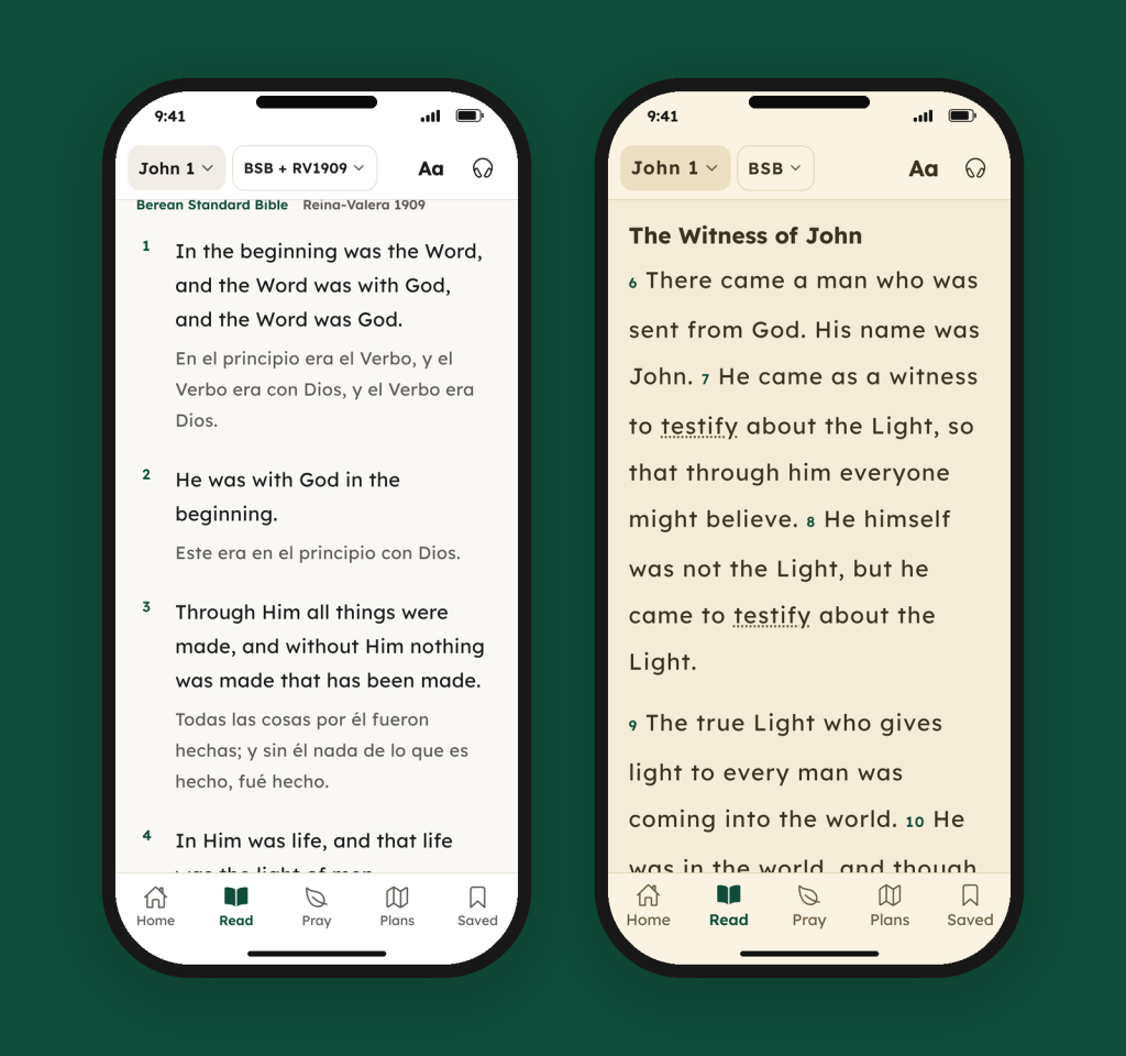 Two phones showing Plainword: John 1 in English and Spanish side by side, and a sepia page.