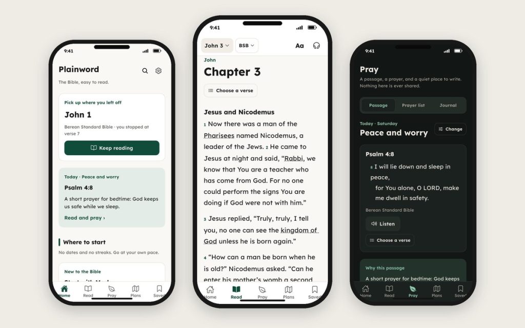 Three phones showing Plainword: the Home screen with today's passage, John 3 with words that have a plain meaning underlined, and the Pray screen in dark mode.