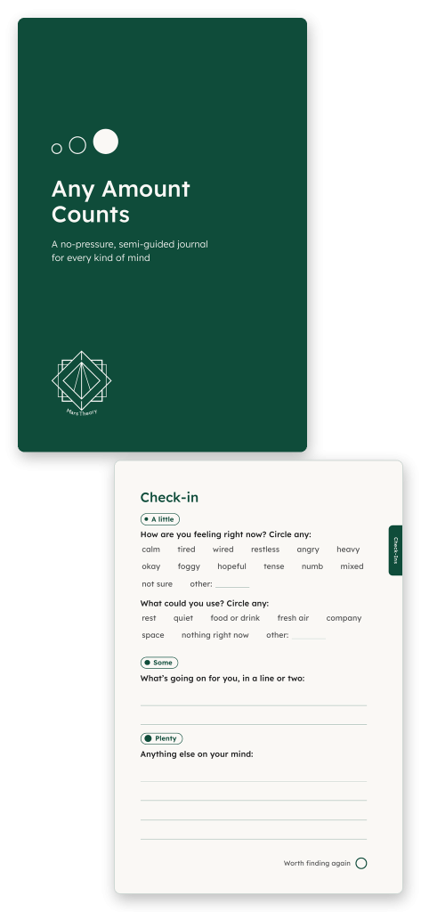 Any Amount Counts journal: a dark green cover with the Mars Theory logo, and a Check-in page with feeling words to circle and room to write at three levels: A little, Some, and Plenty.