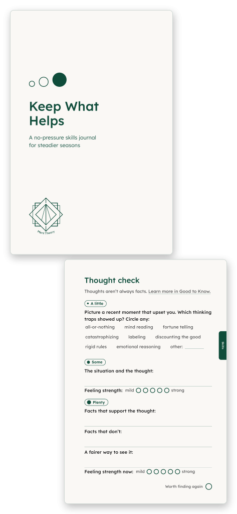 Keep What Helps journal: a cream cover with the Mars Theory logo, and a Thought check page for spotting thinking traps, rating how strong a feeling is, and finding a fairer way to see a thought.